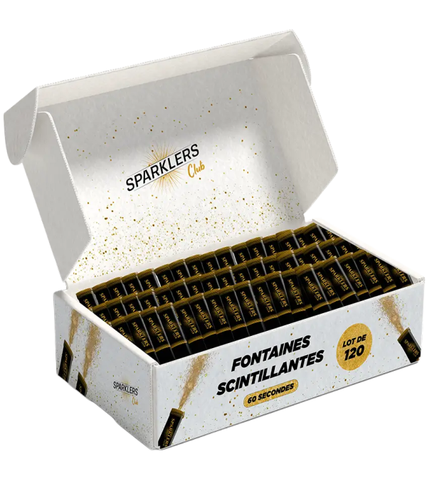 Bougies fontaine scintillante 60 secondes – boîte de 120 unités – Sparklers Club