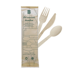 Kit couverts bois avec serviette – 3 pièces – carton de 250 unités – Publi Embal