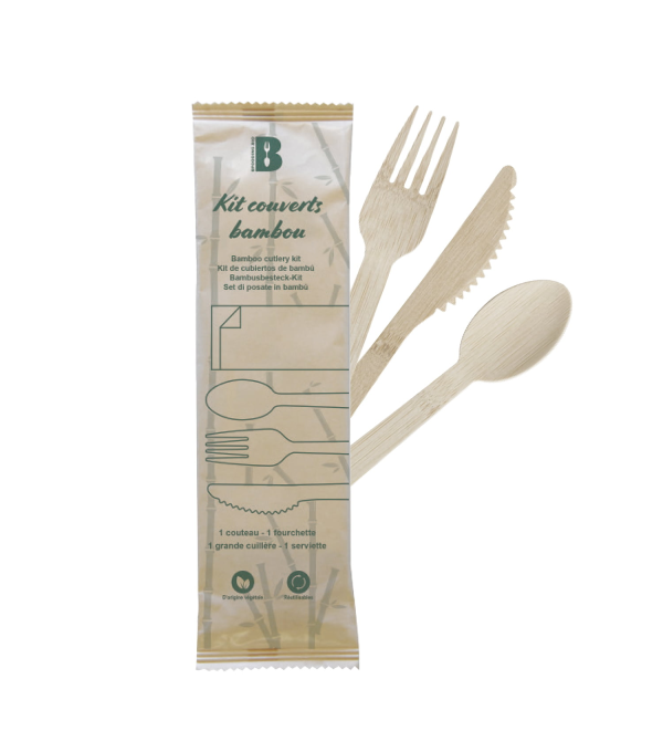 Kit couverts bois avec serviette – 3 pièces – carton de 250 unités – Publi Embal